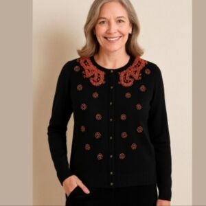Belford Black Beaded Cardigan S Long Sleeve Saks Fifth Ave Quiet Luxury Orange